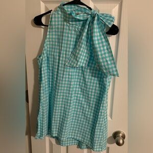 Tyler Boe Aqua and White Gingham Bow Neck Sleeveless Top